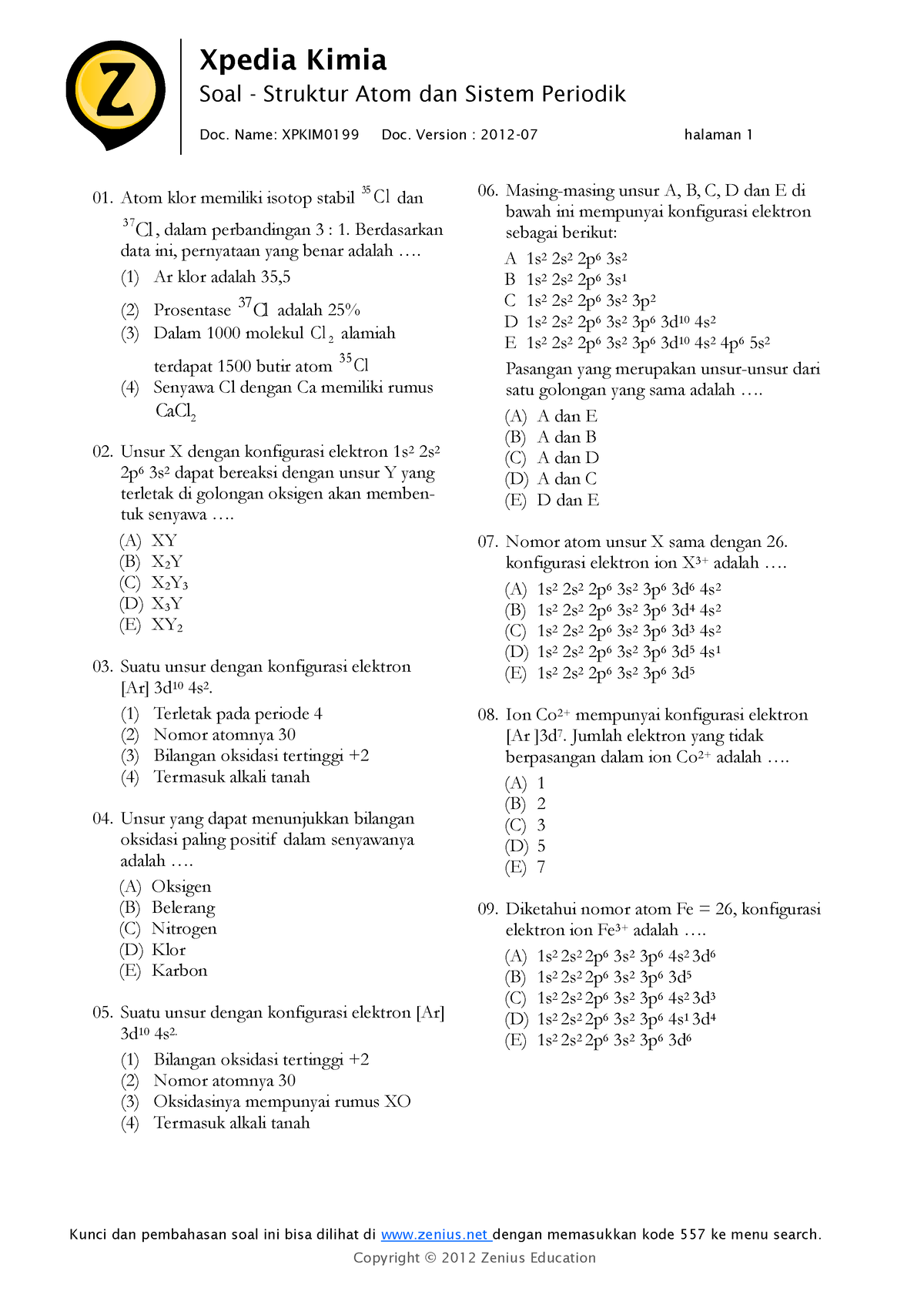 Latihan Soal Struktur Atom Dan Sistem Periodik Set 1 Xpedia Kimia Doc Name Xpkim0199 Doc