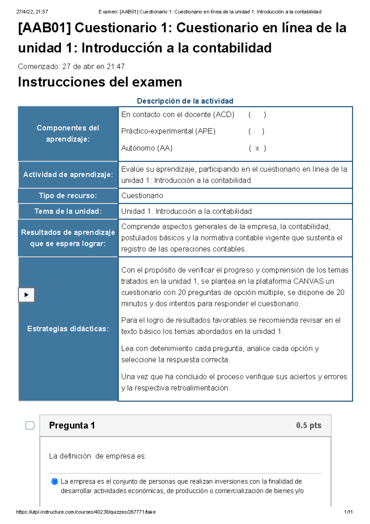 Examen [AAB01] Cuestionario 1 Unidad 1 Introducción A La Contabilidad ...