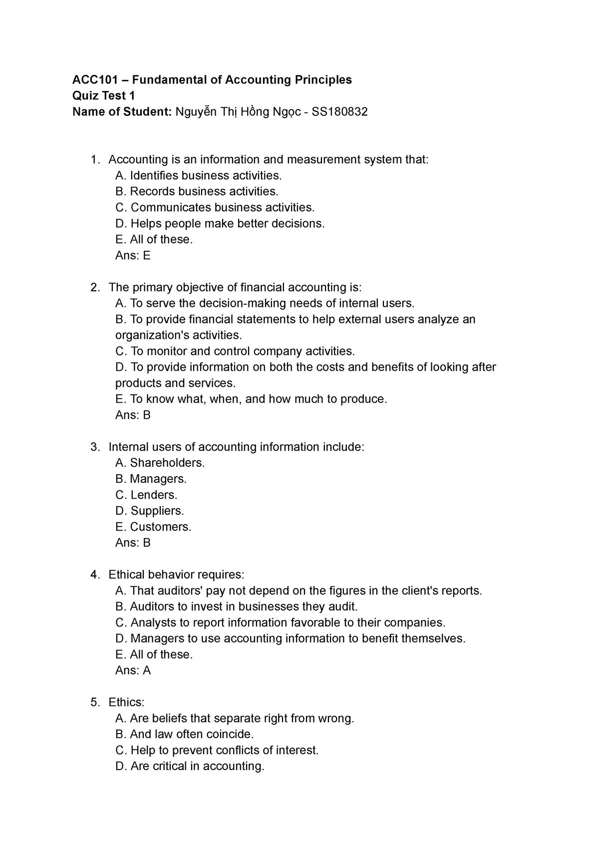 ACC 101 Quiz 1 - Nguyễn Thị Hồng Ngọc - SS180832 - ACC101 – Fundamental ...