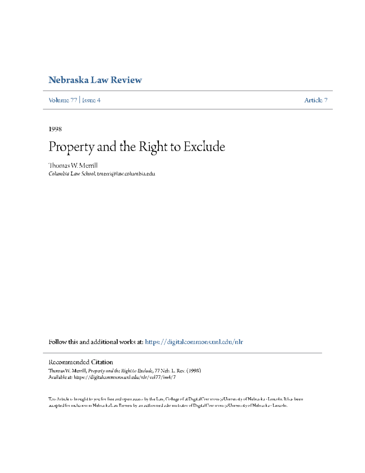 Property and the Right to Exclude Nebraska Law Review Volume 77