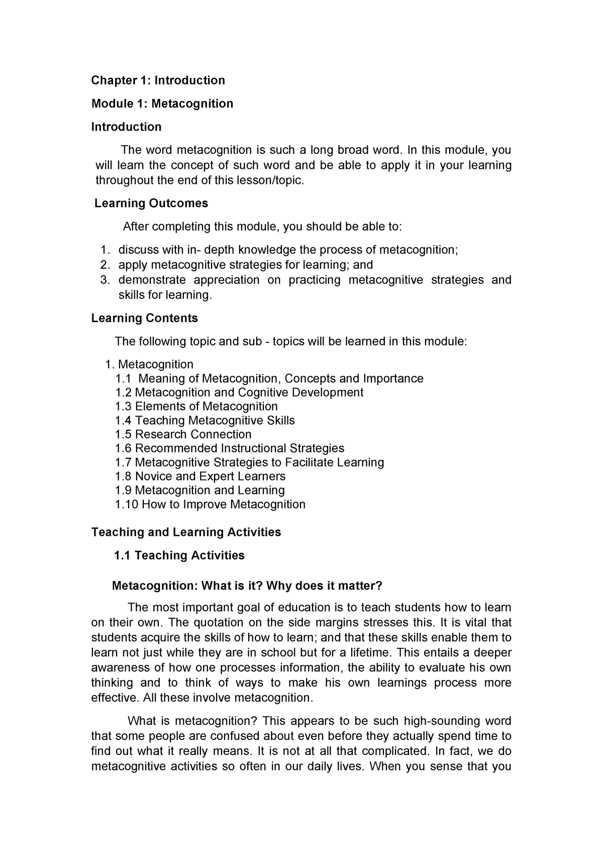 Faci - Faci - Chapter 1: Introduction Module 1: Metacognition ...