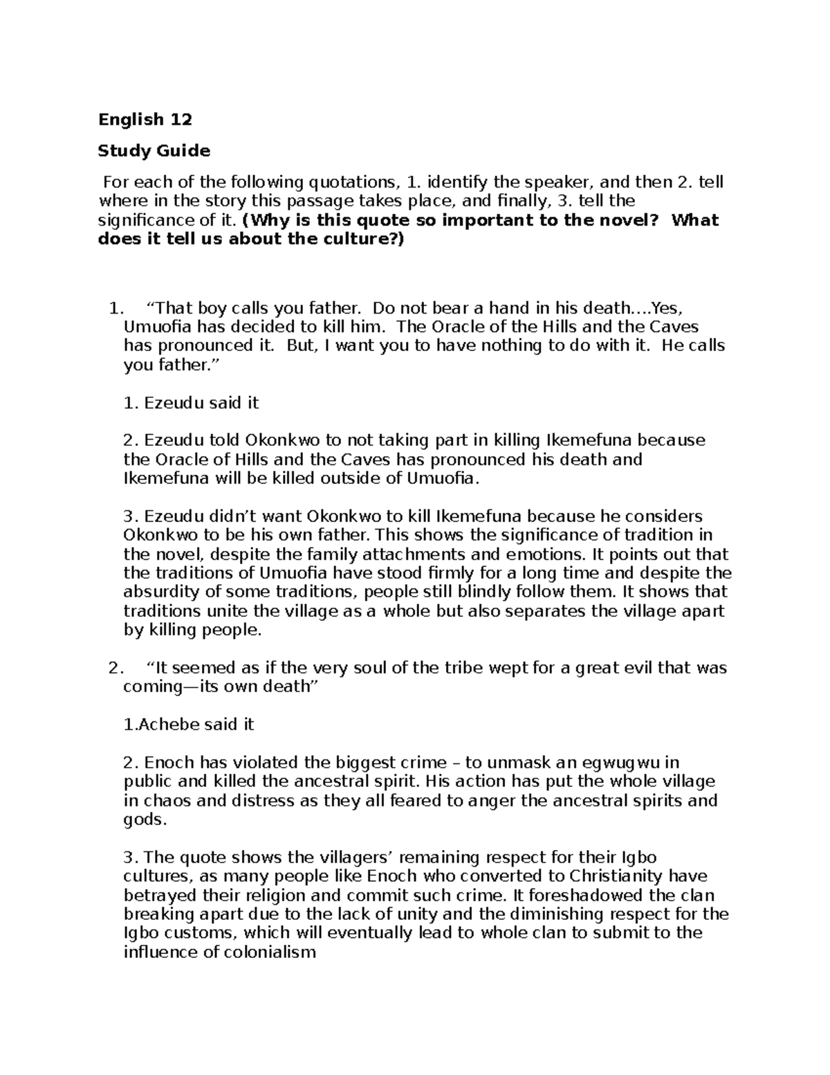TFA Study Guide - Helps review for Things Fall Apart test - English 12 ...