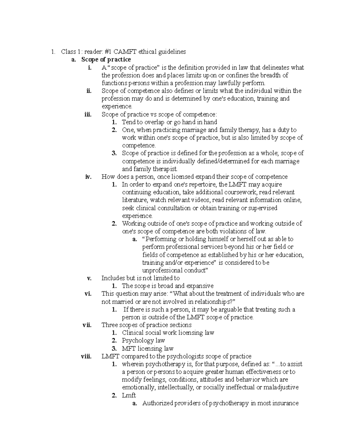 Weekly readings - Class 1: reader: #1 CAMFT ethical guidelines a. Scope ...