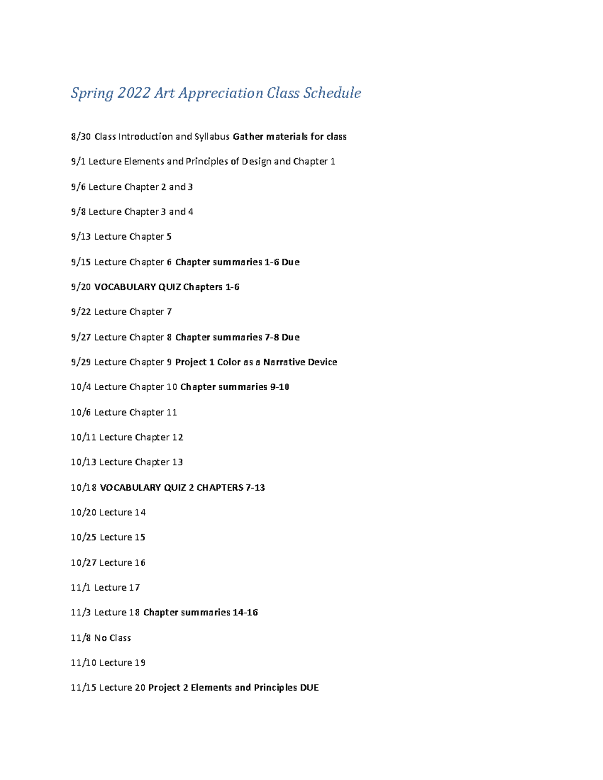 Art Appreciation Class Schedule f22 - Spring 2022 Art Appreciation ...