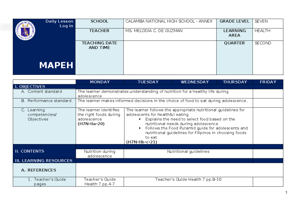 Q2 Grade 7 Health DLL Week 1 - Daily Lesson Log in MAPEH SCHOOL CALAMBA ...