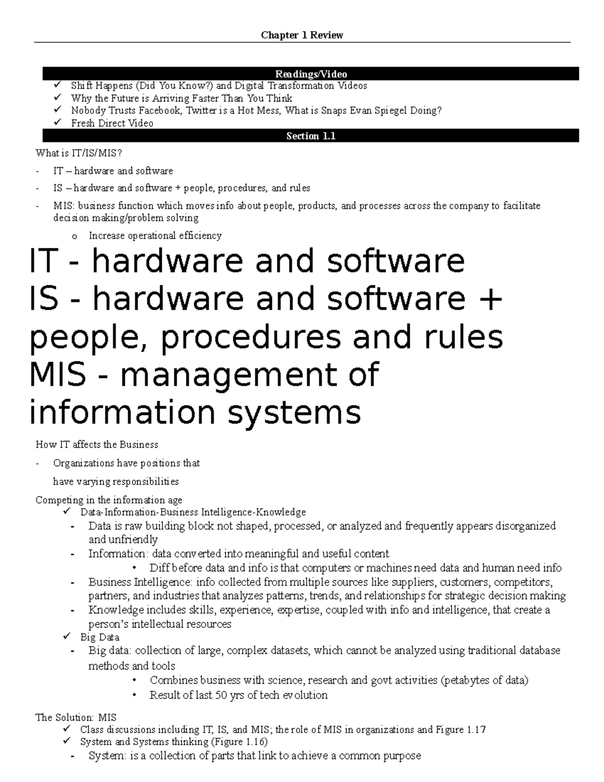 Exam 1 review Chapter 1 Review Readings/Video Shift