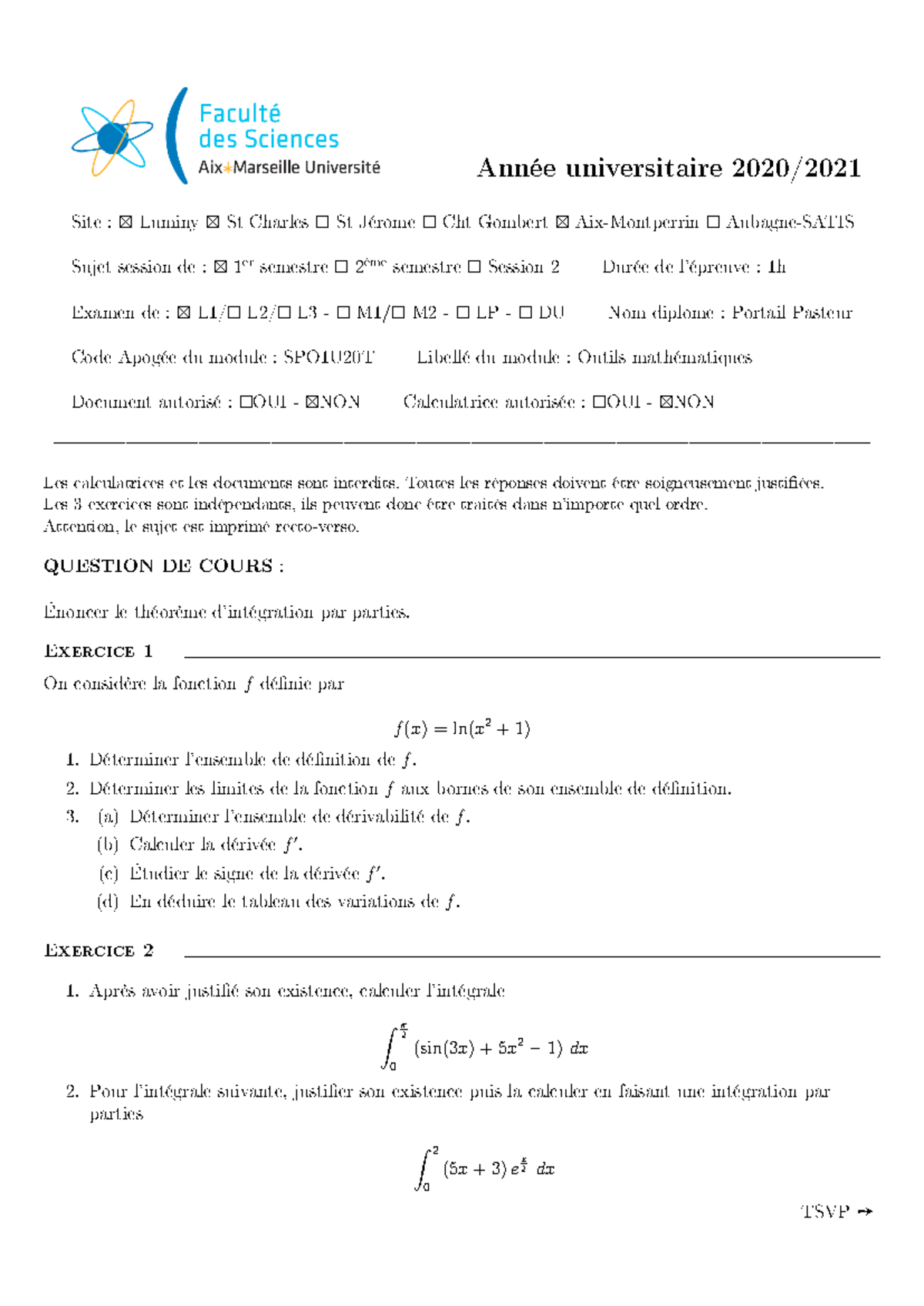 Outil Math Examen Janvier 2021 - Année universitaire 2020/ Site ...