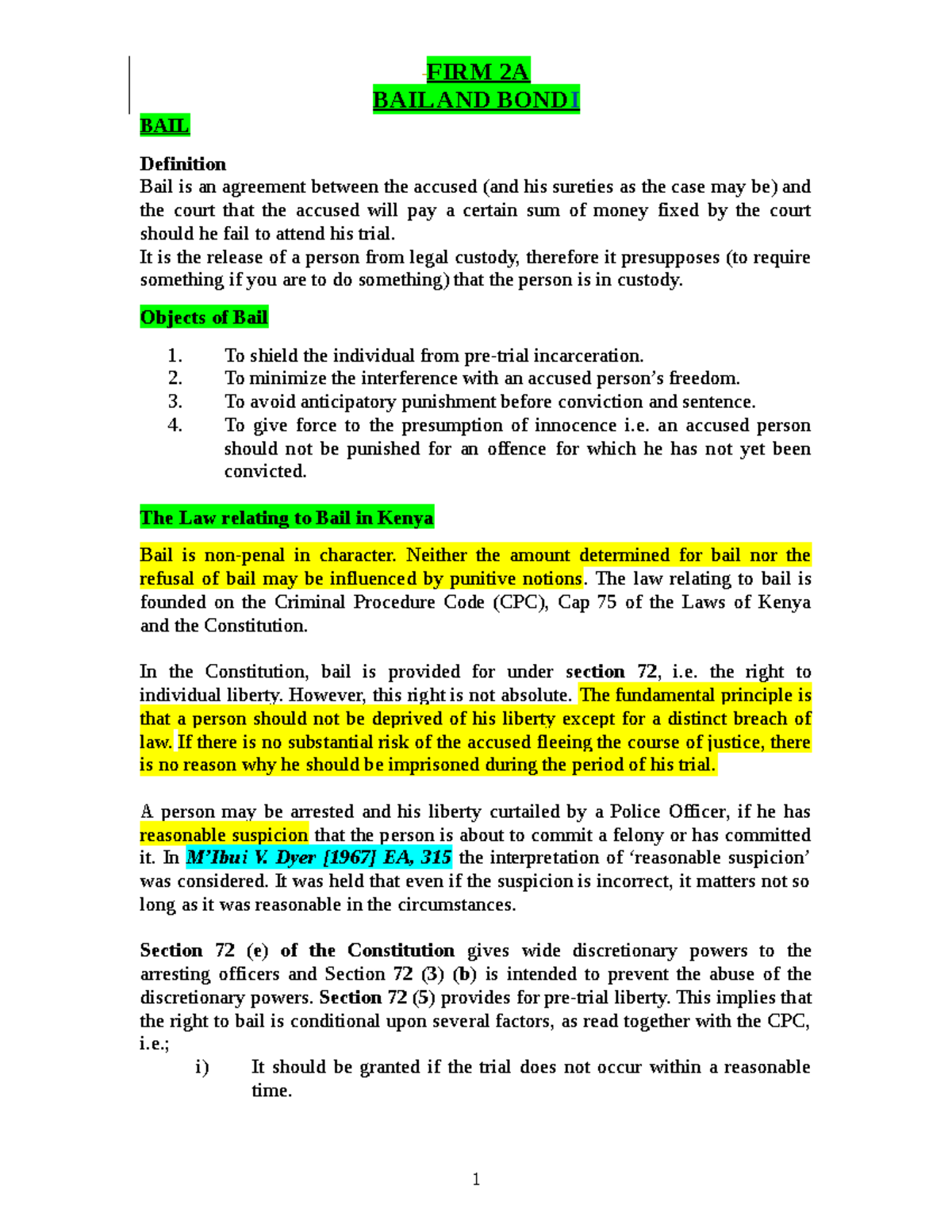 BAIL AND BOND - Lecture Notes - FIRM 2A BAIL AND BONDI BAIL Definition ...