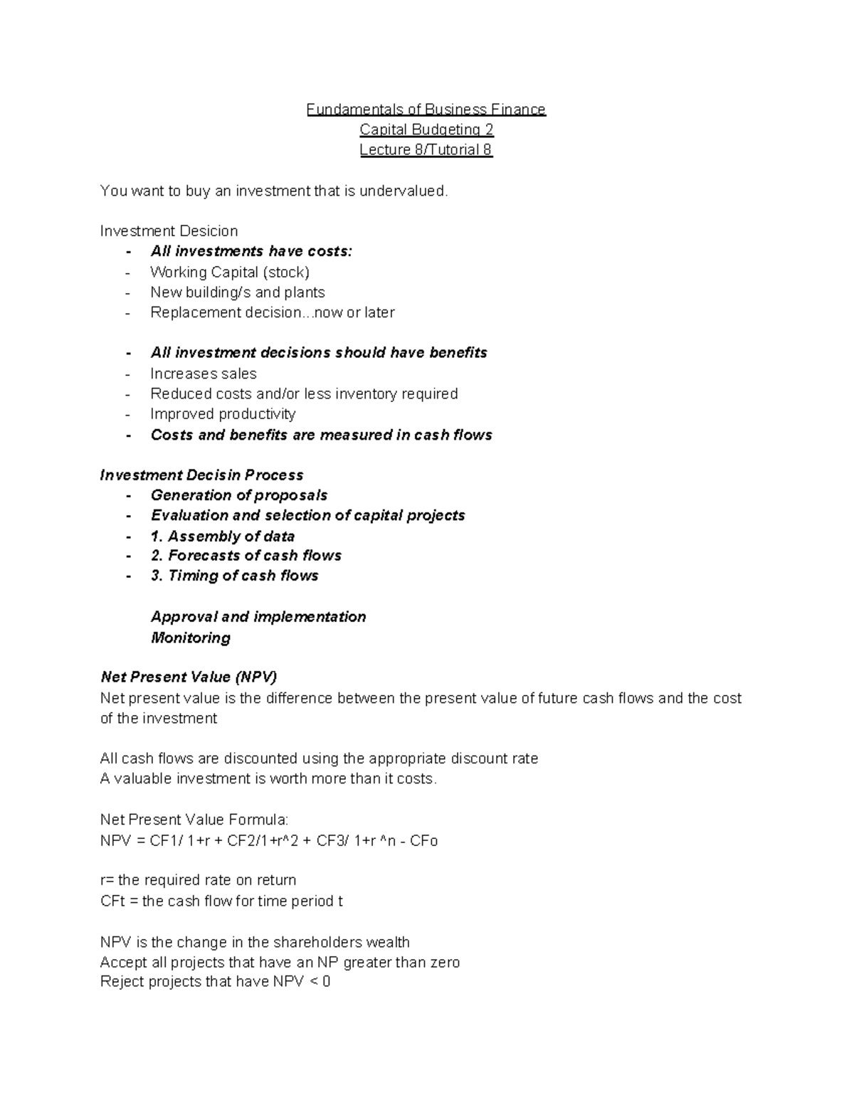Lecture 8 - Capital budgeting Notes - Fundamentals of Business Finance ...