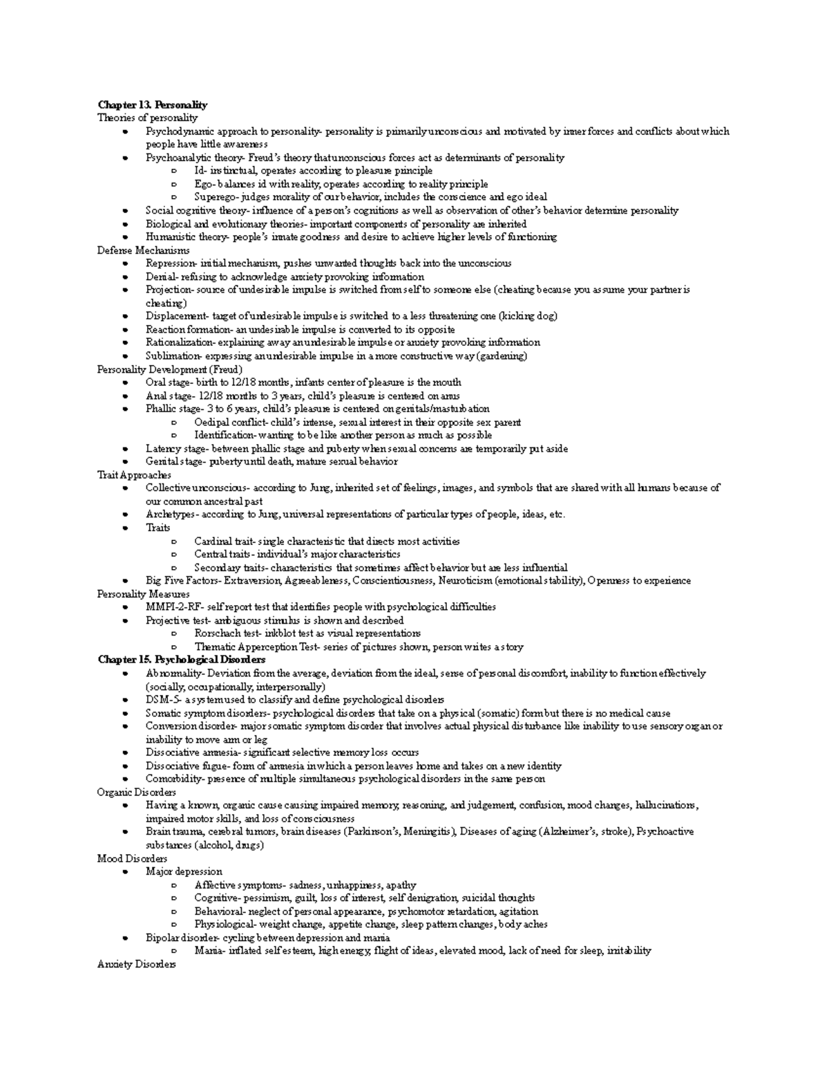 Psych cheat sheet 4 - Chapter 13. Personality Theories of personality ...