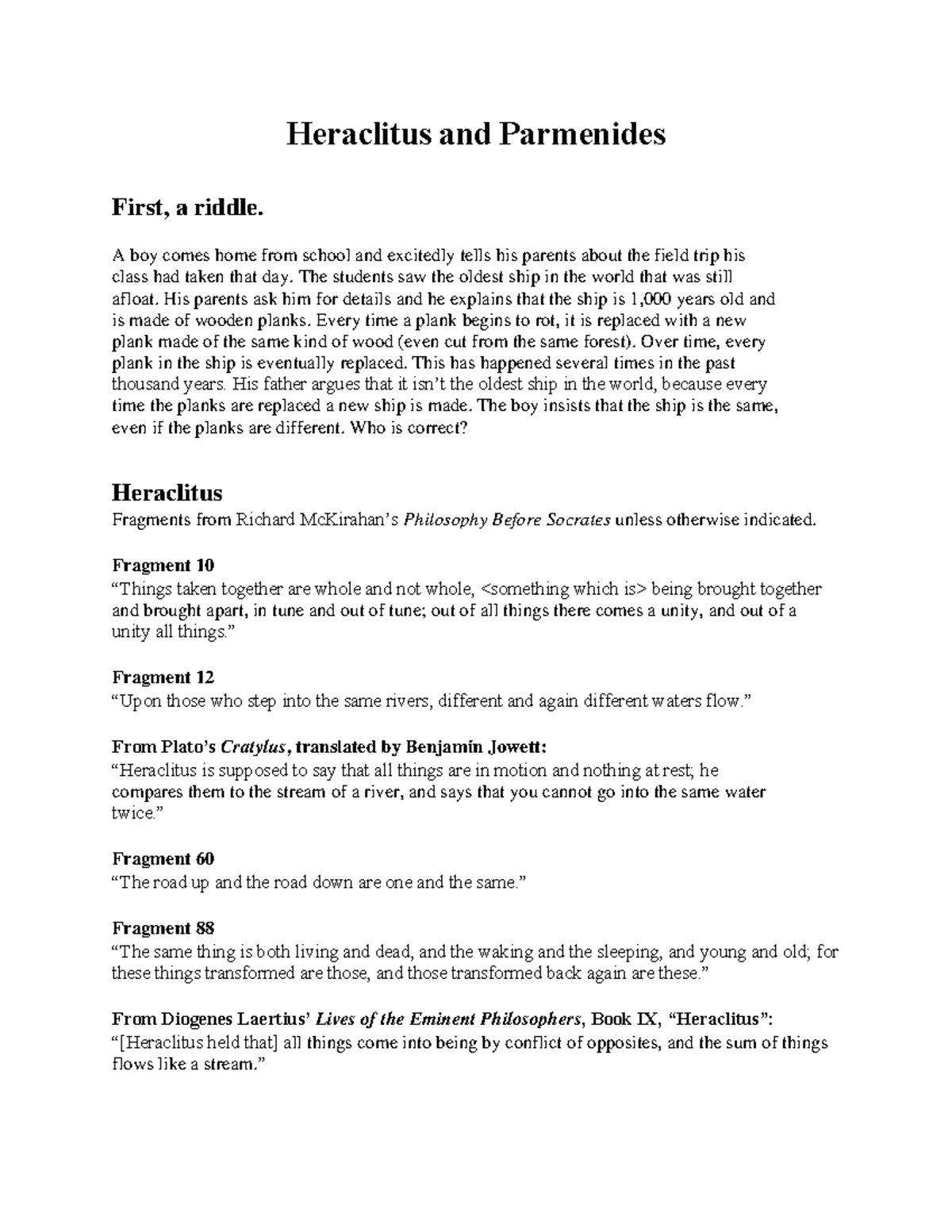 Reading 4.1- Heraclitus and Parmenides, Fragments - Heraclitus and ...