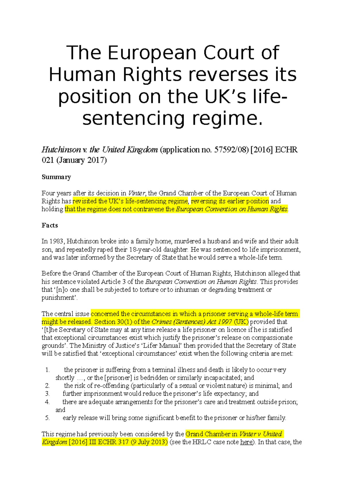 Hutchinson v United KIngdom 2017 commentary curve ball in Ect HR