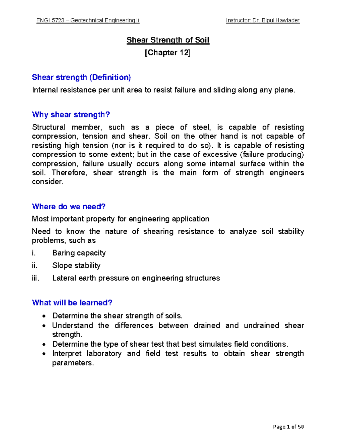Lecture 3 Shear Strength of Soil Shear Strength of Soil [Chapter 12