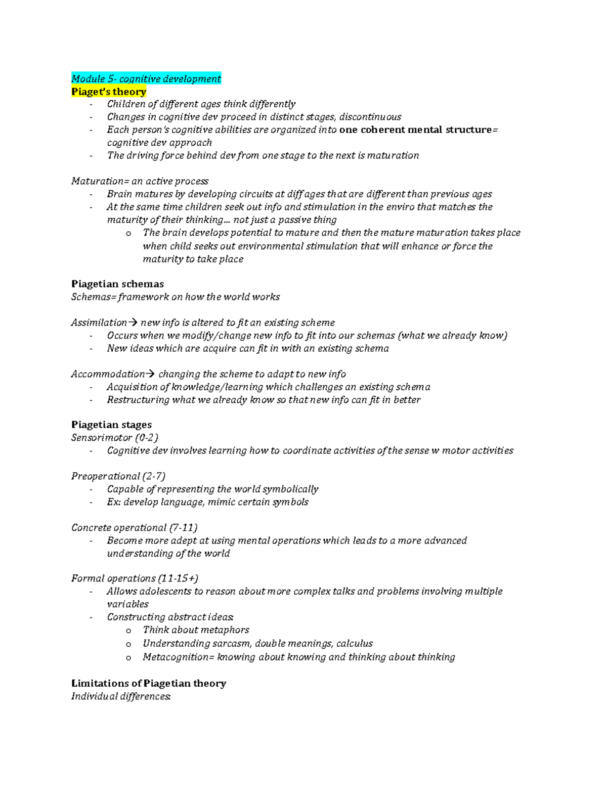 Module 5 - Lecture notes 5 - Module 5- cognitive development Piaget’s ...
