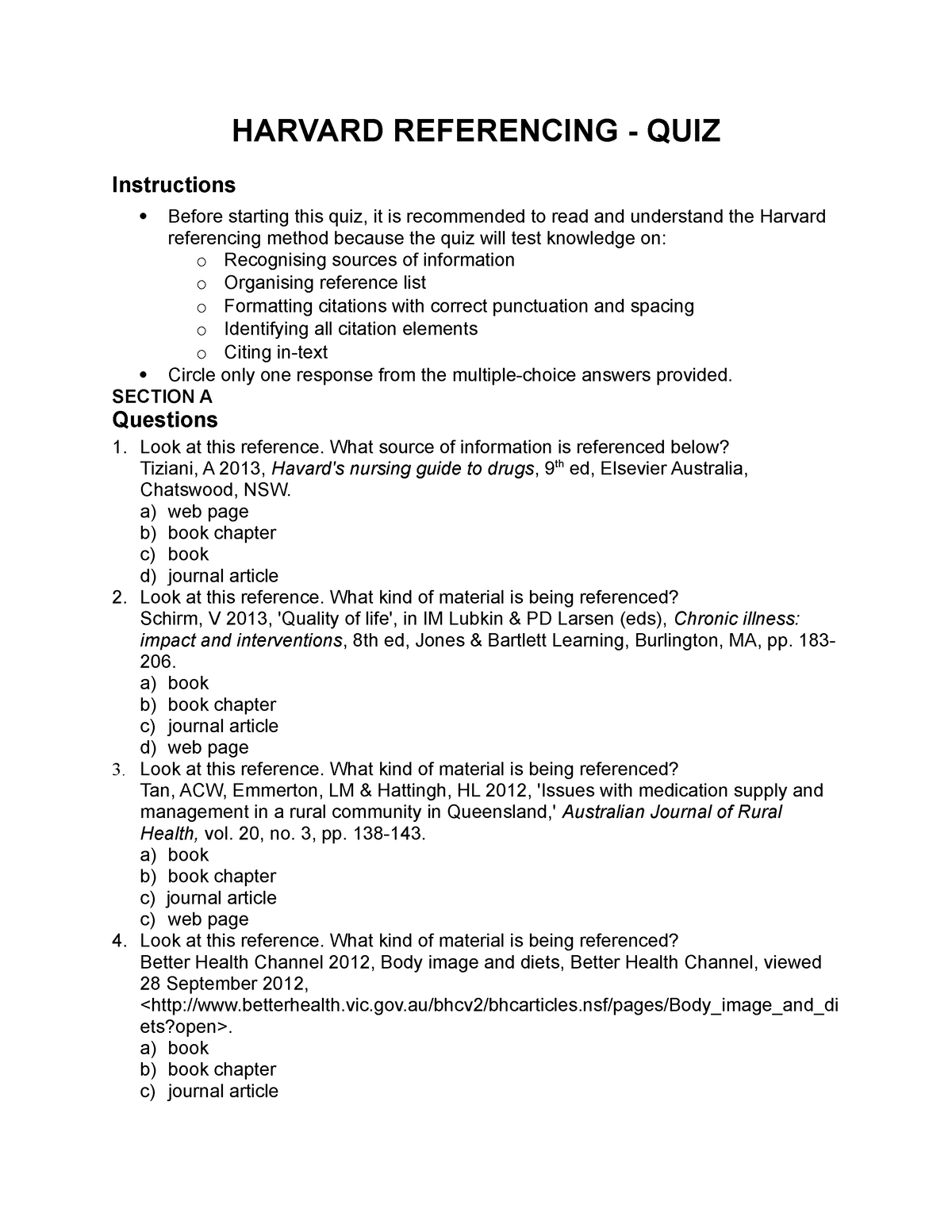 Week 1 exercise - study notes - HARVARD REFERENCING - QUIZ