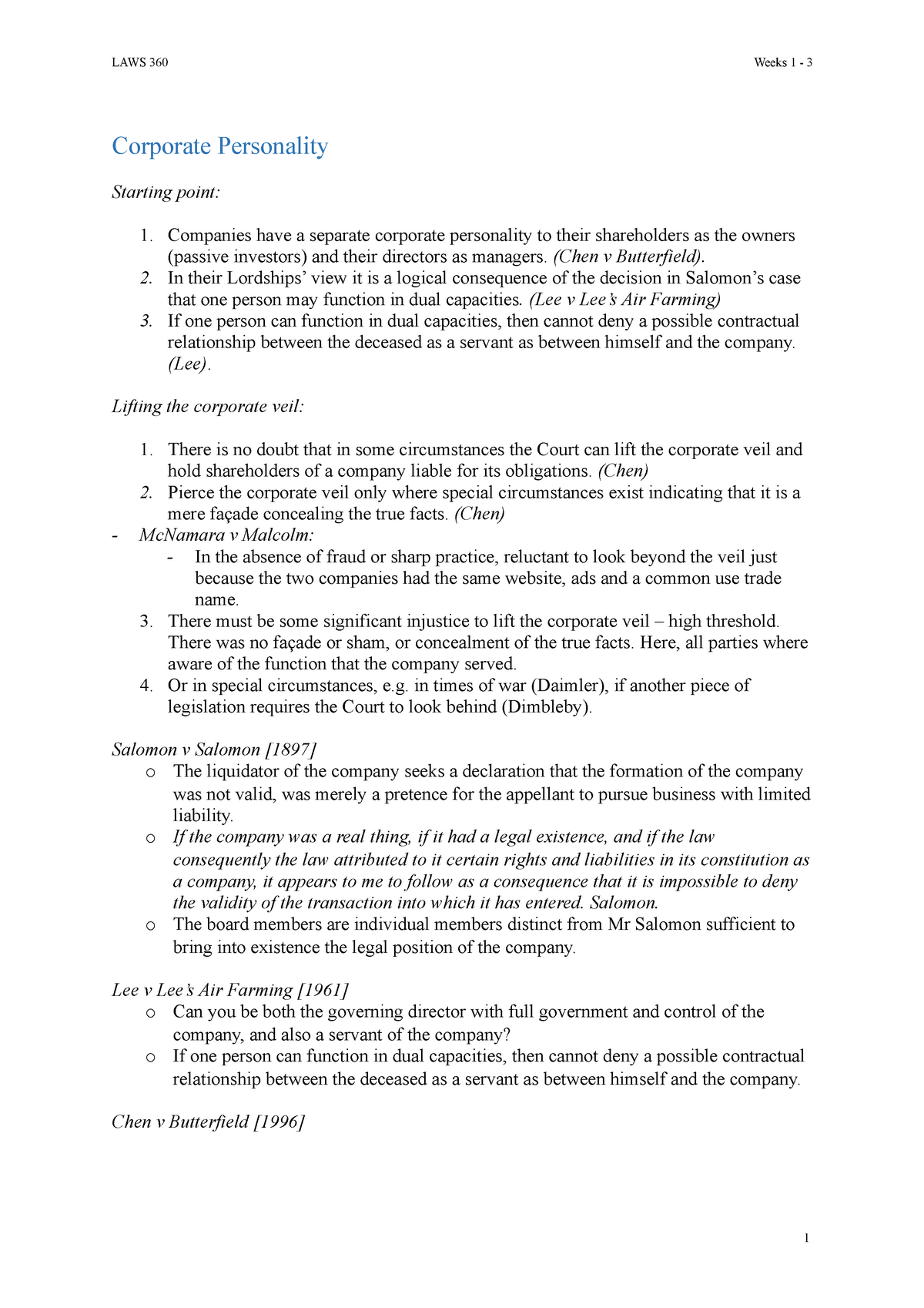 LAw360 VUW Summary ACCT256 LAWS 360 Weeks 1 3 Corporate Personality