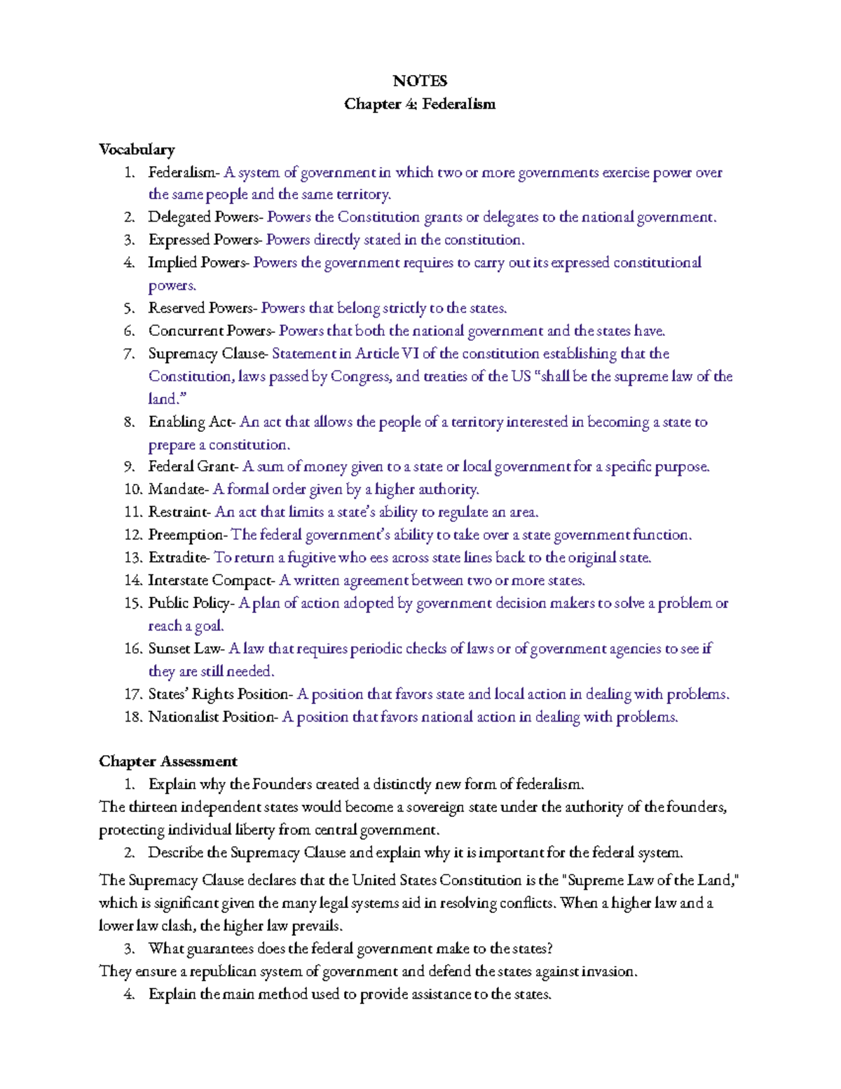 Chapter 4 Federalism - worksheet - NOTES Chapter 4: Federalism ...