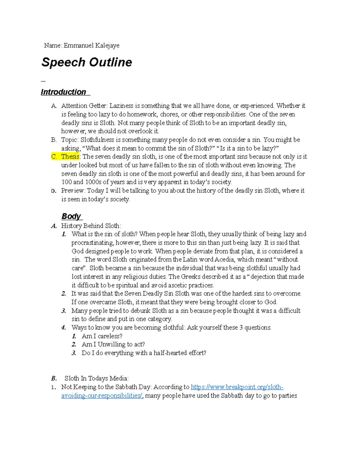 Group Speech Outline - Name: Emmanuel Kalejaye Speech Outline ...