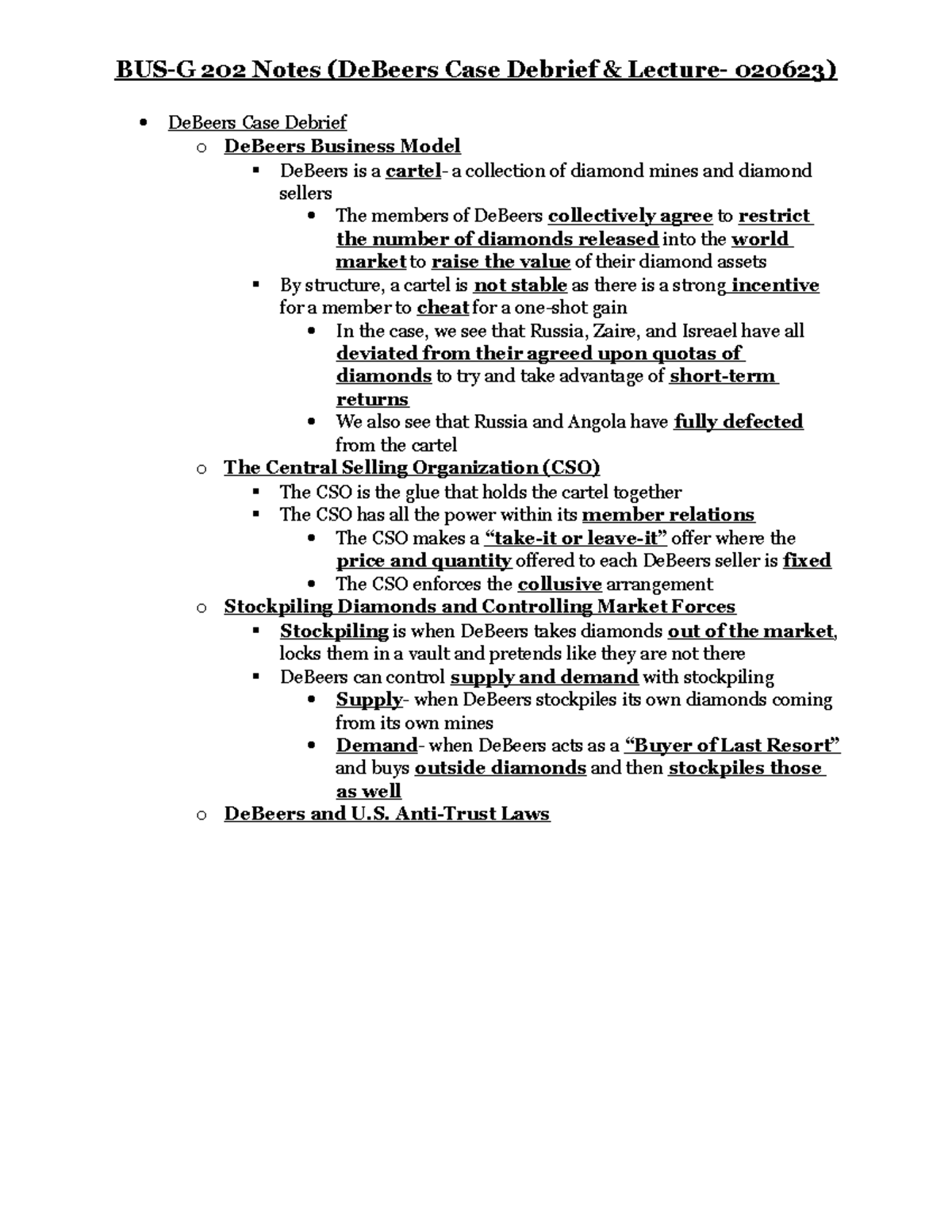 BUS-G 202 Notes 1 - BUS-G 202 Notes (DeBeers Case Debrief & Lecture ...