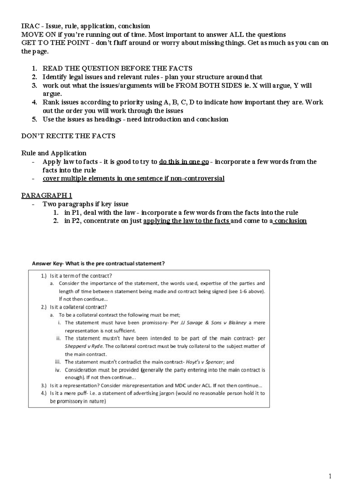 Contract-Exam-Notes - Exam notes - IRAC - Issue, rule, application ...