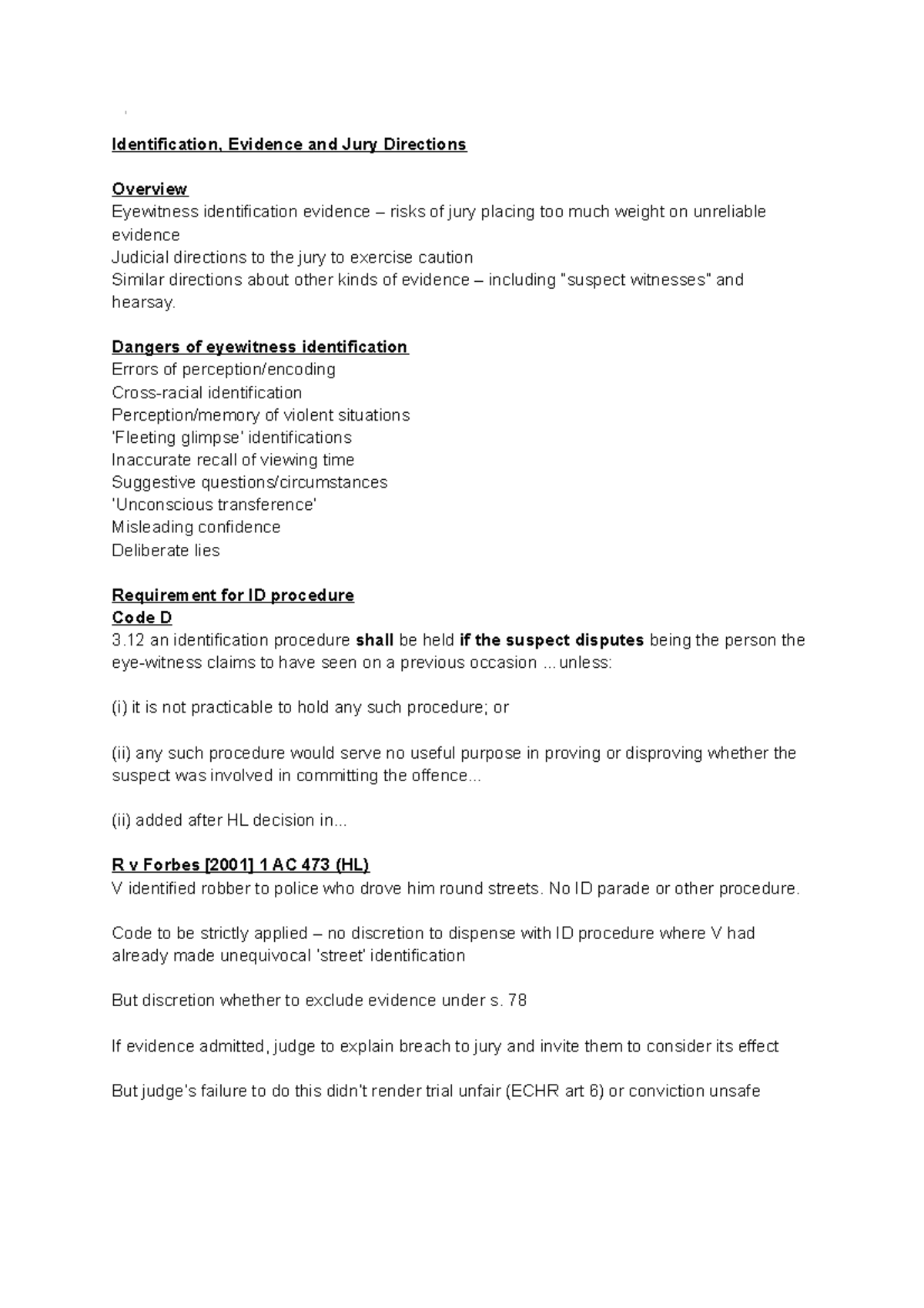 Identification, Evidence and Jury Directions Identification, Evidence