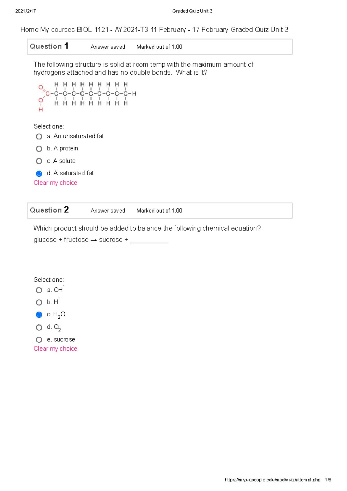 BIO1 1121 Graded Quiz Unit 3 Sul All - Question 1 Answer Saved Marked ...