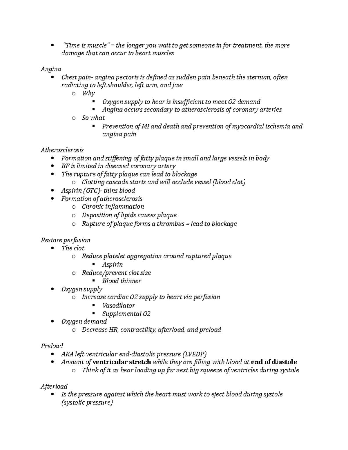 Module 6 Cardiovascular Notes - “Time is muscle” = the longer you wait ...