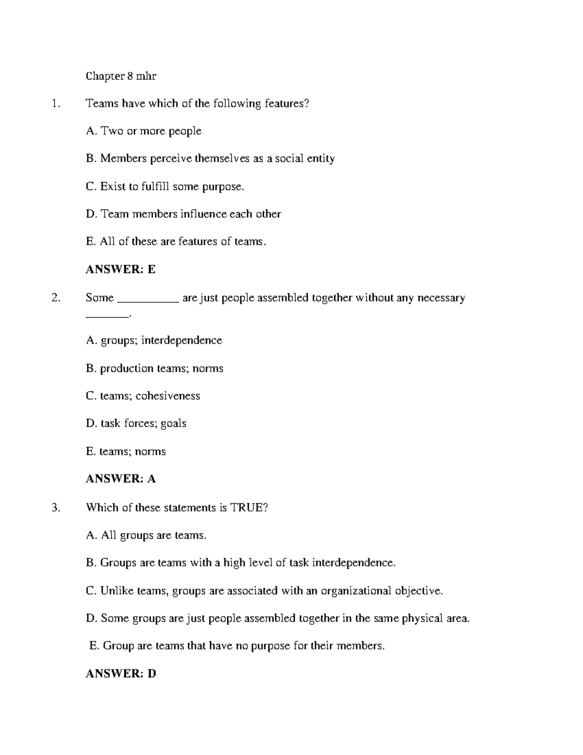 Chapter 8 Test Bank For Previous Year - Chapter 8 Mhr Teams Have Which ...