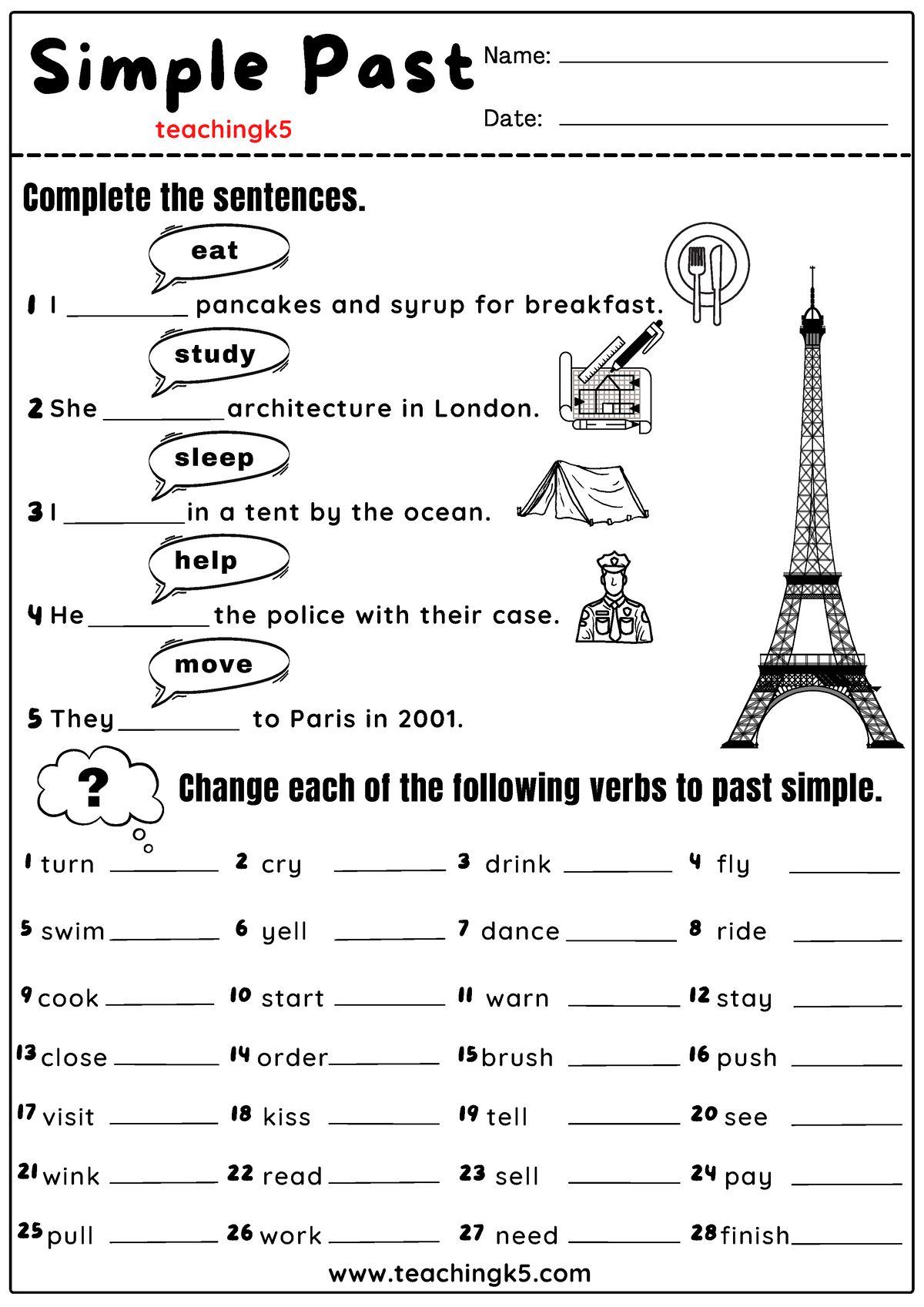 Write The Past Form Of The Following Verbs Name Date I Pancakes And 