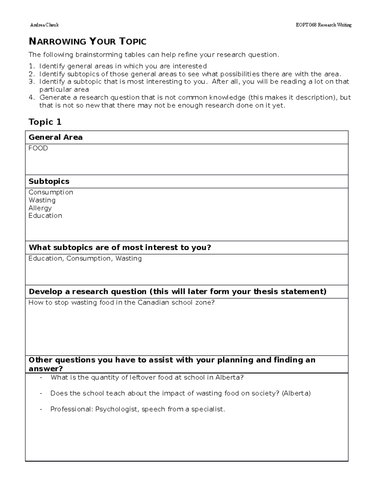 Research Writing - Andrea Cheuk EOPT 068 Research Writing NARROWING ...