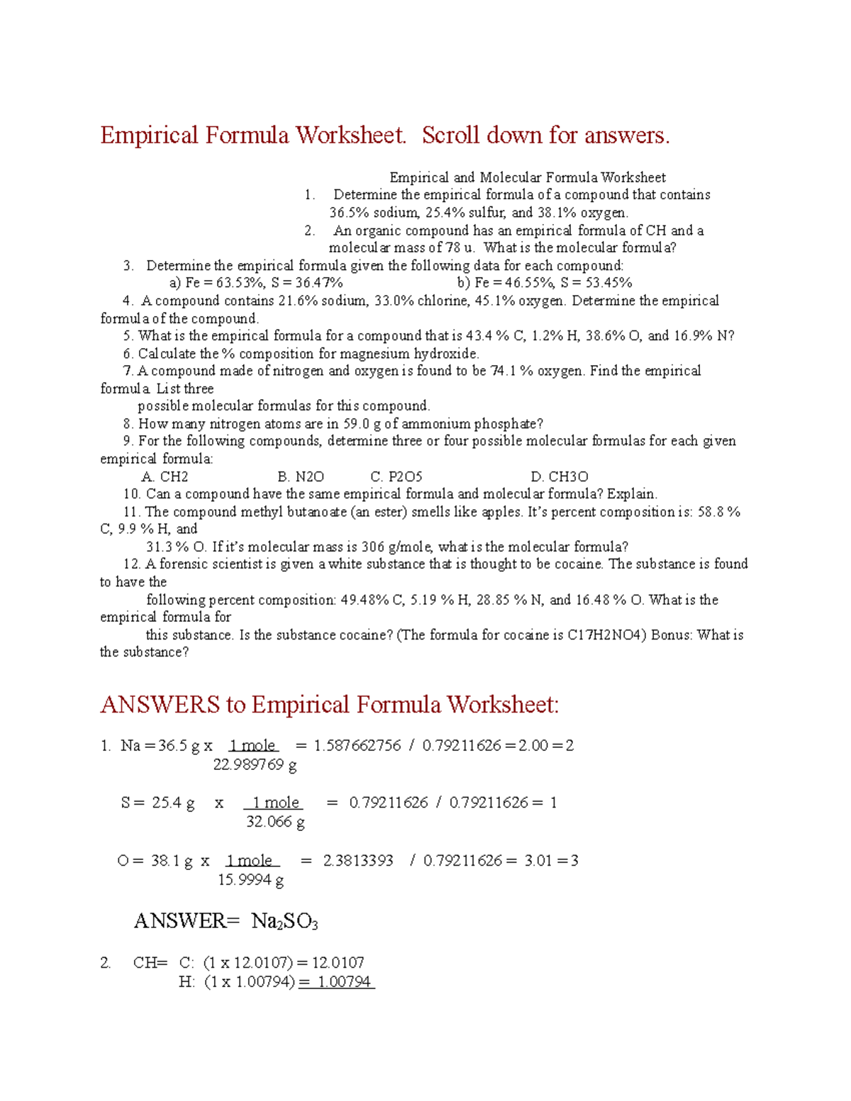Empirical Formula Worksheet Scroll Down For Answers Empirical And
