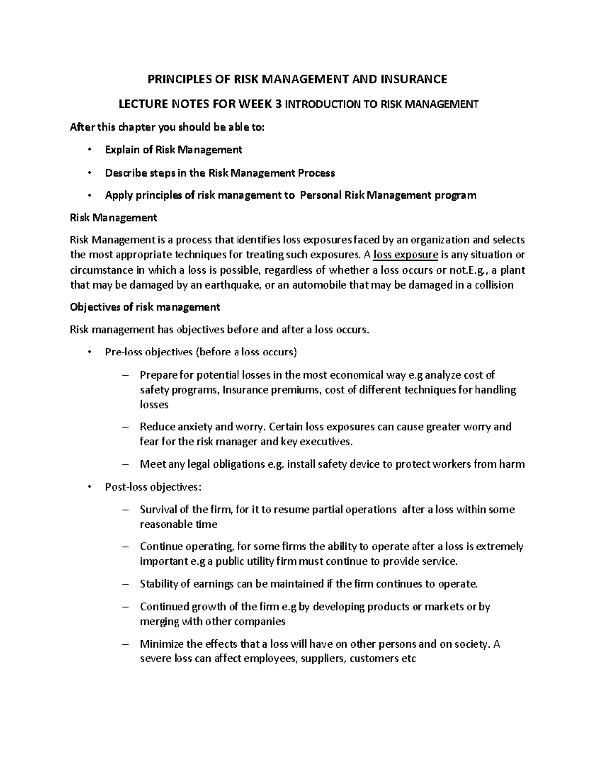 RMI Lecturer Notes week 3 - PRINCIPLES OF RISK MANAGEMENT AND INSURANCE ...