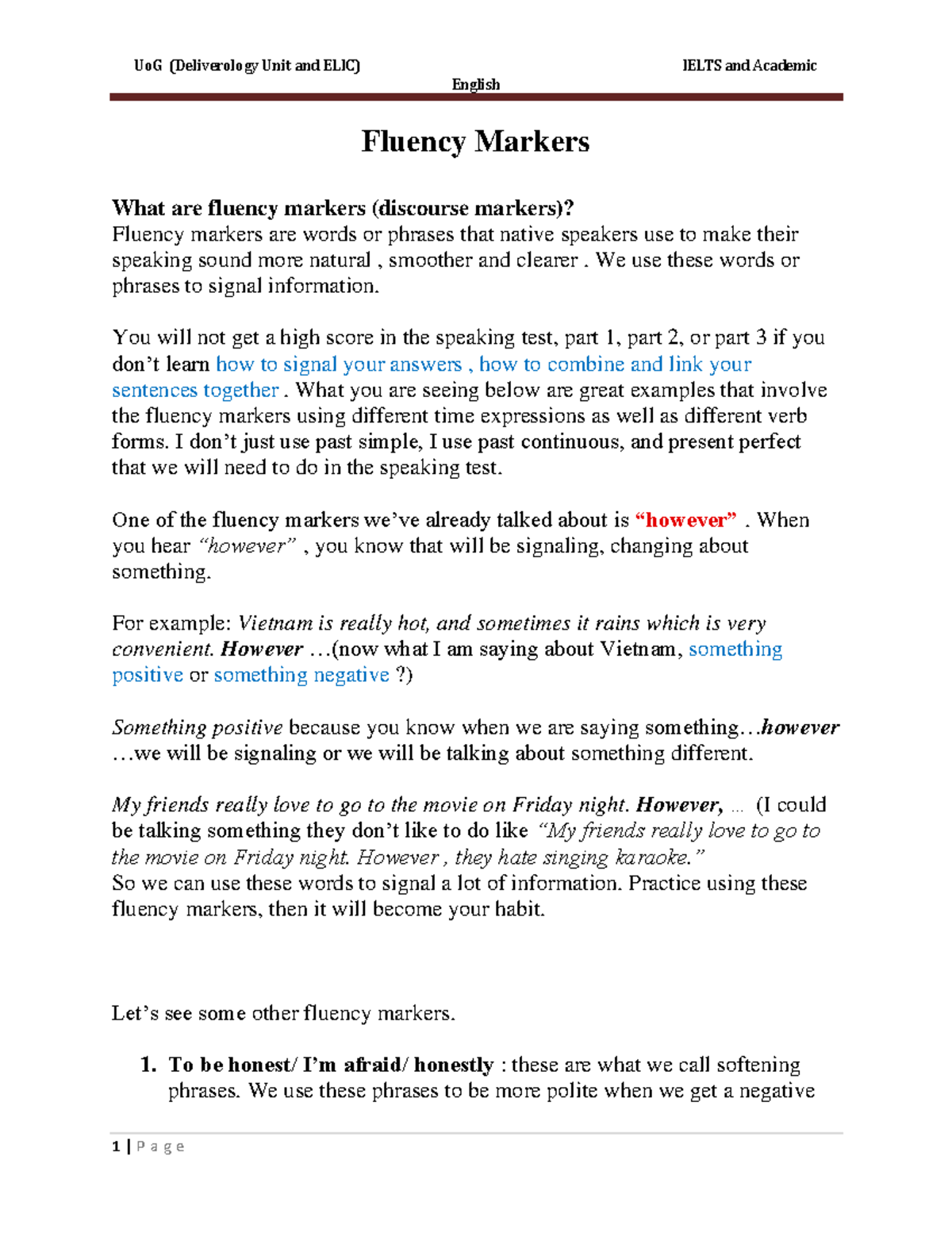 Brief note on Ielts Speaking - English Fluency Markers What are fluency ...