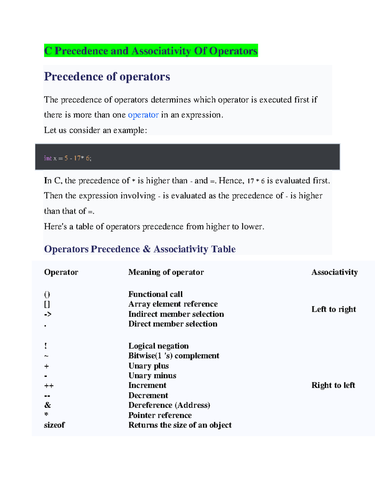 Precedance&Associativity - C Precedence and Associativity Of Operators ...