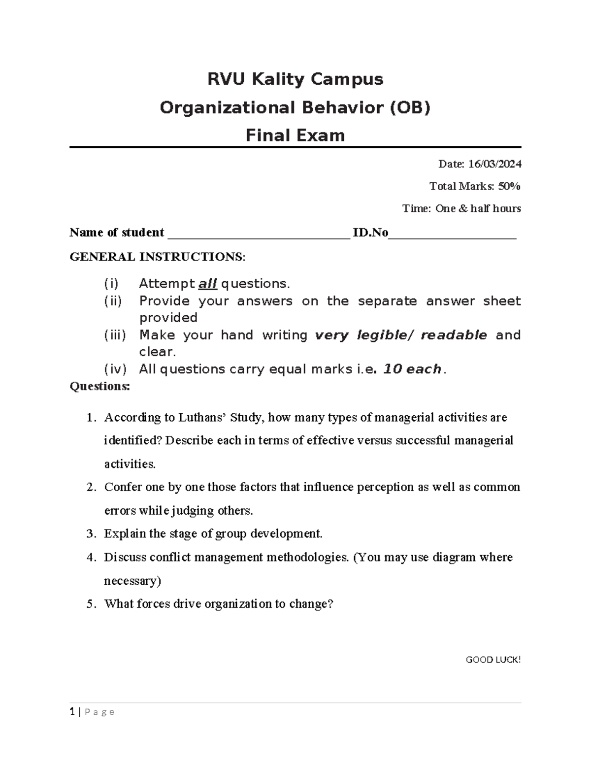 Final Exam Of OB - Exam - RVU Kality Campus Organizational Behavior (OB ...