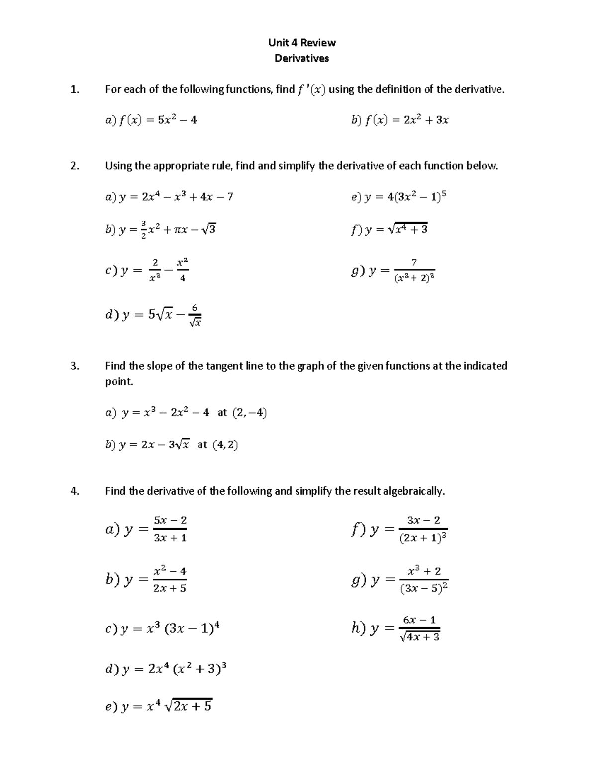 Unit 4 Review (Derivatives) - Warning: TT: undefined function: 32 Unit ...