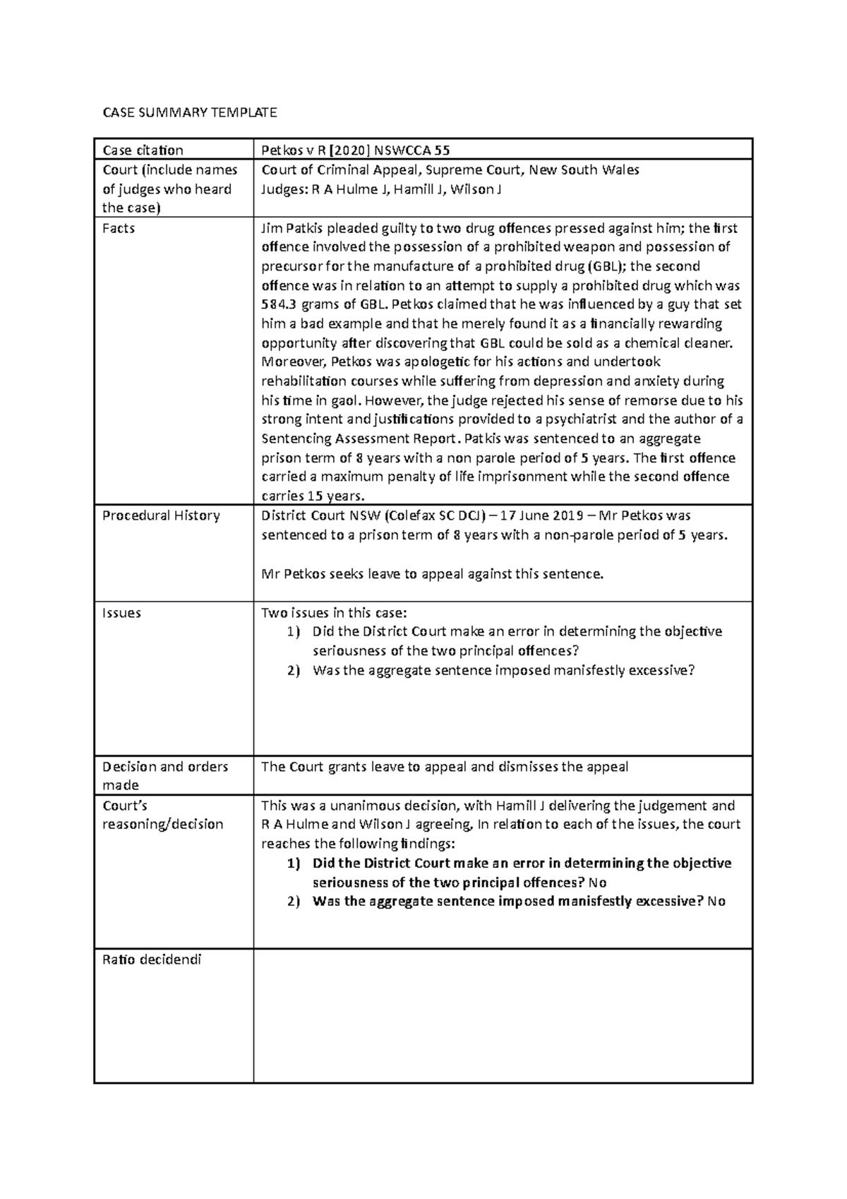 Petkos v R Case Summary - CASE SUMMARY TEMPLATE Case citation Petkos v ...