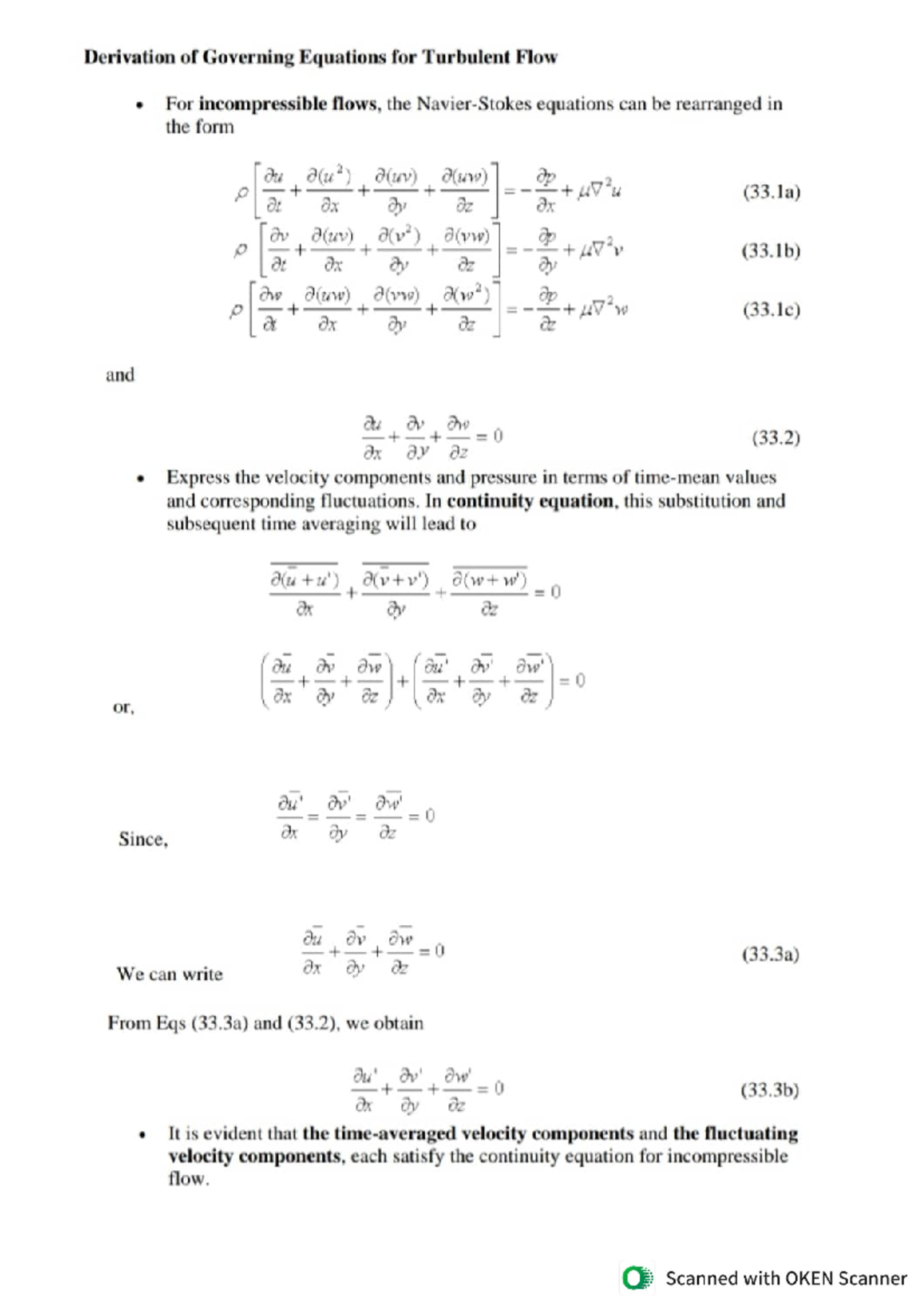 Fluid Mechanics Governing Equation for Turbulent Flow, Turbulent