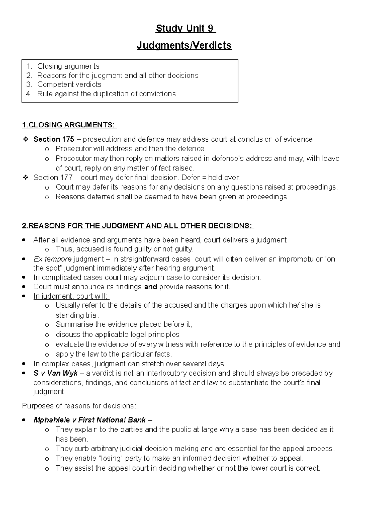 Study Unit 9 - IURI 271 - notes - Study Unit 9 Judgments/Verdicts 1 ...