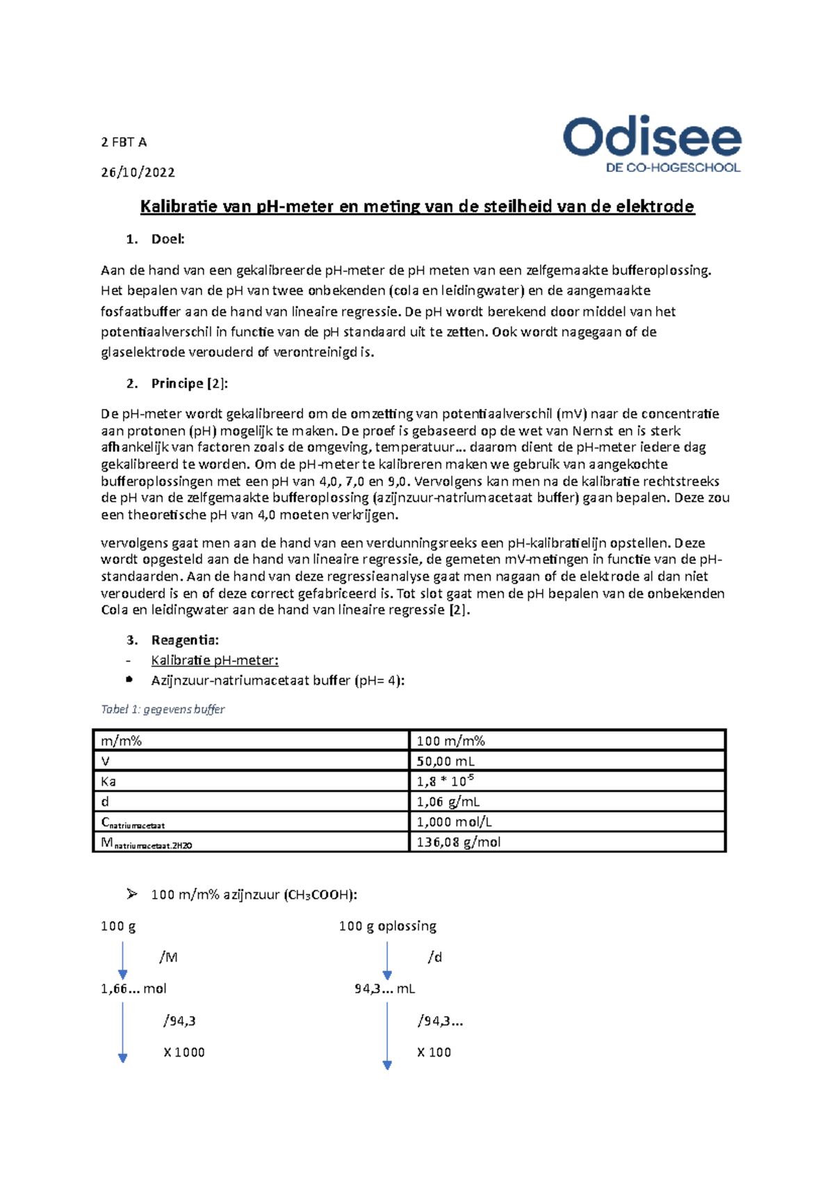 Kalibratie Steilheid - 2 FBT A 26/10/ Kalibratie Van PH-meter En Meting ...