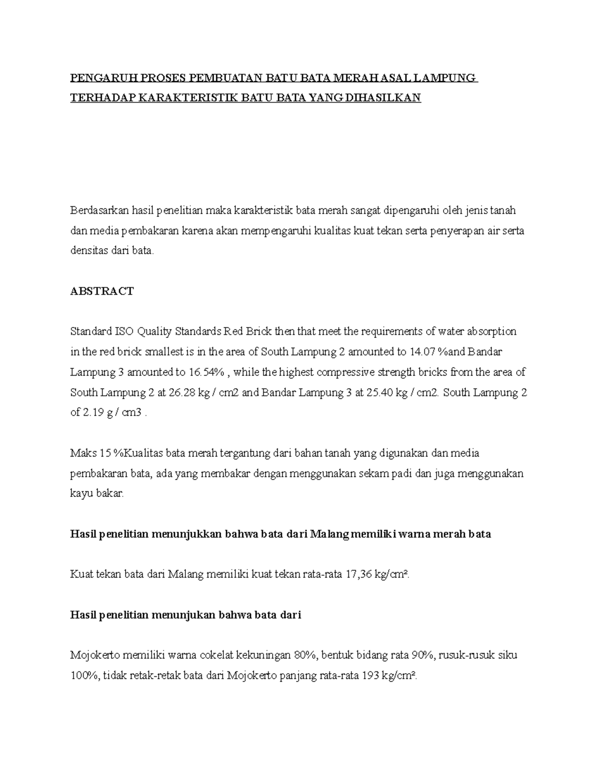 Pengaruh Proses Pembuatan BATU BATA Merah ASAL Lampung Terhadap