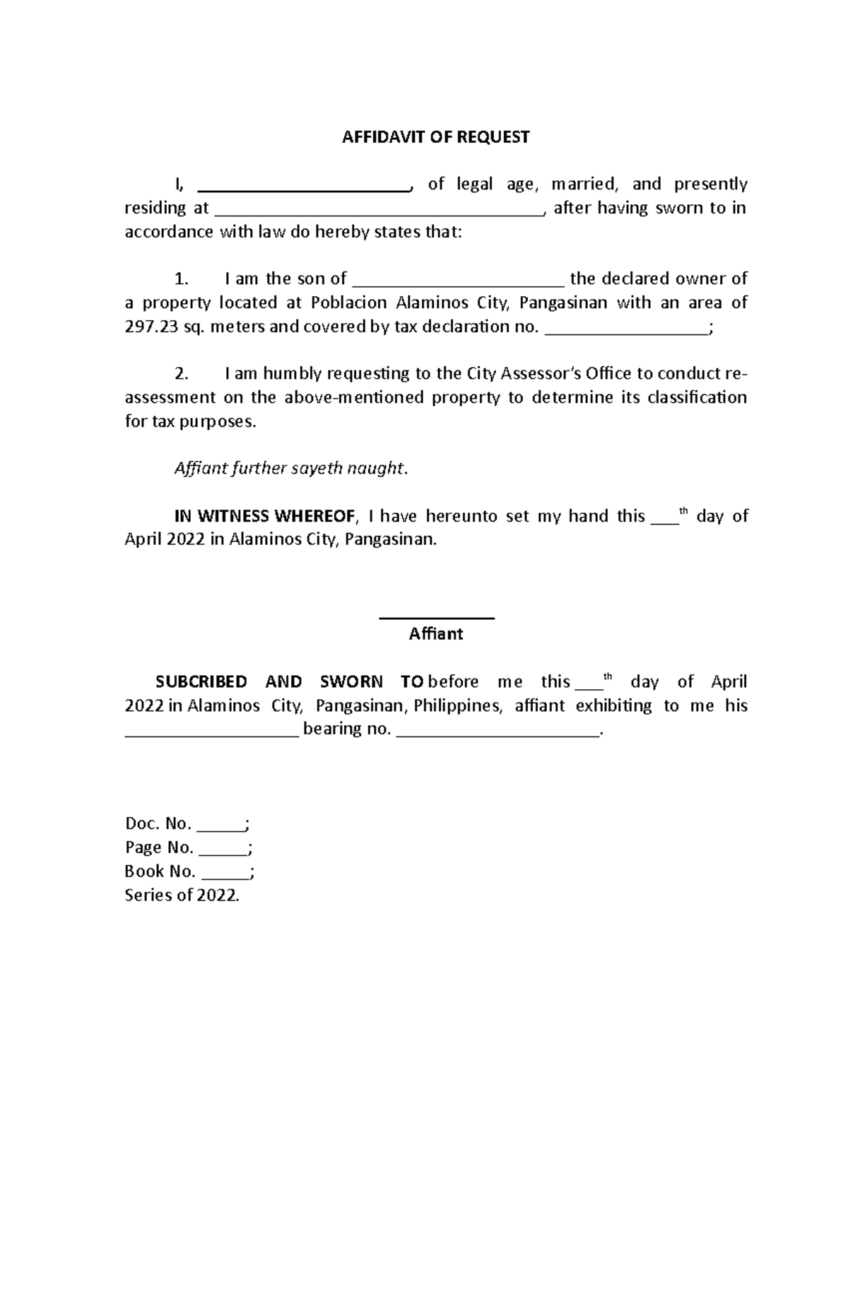 Affidavit OF Request - AFFIDAVIT OF REQUEST I ...