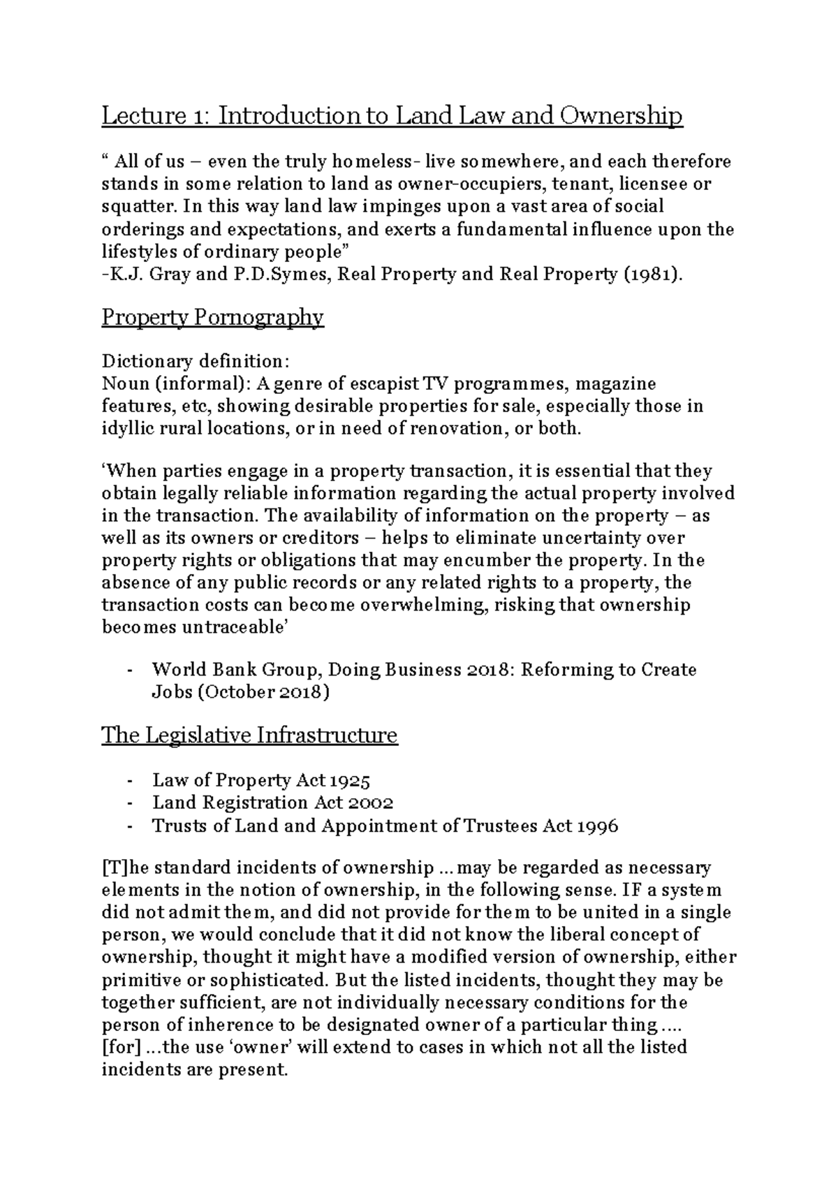 LAND TERM 1 Notes - land - Lecture 1: Introduction to Land Law and ...