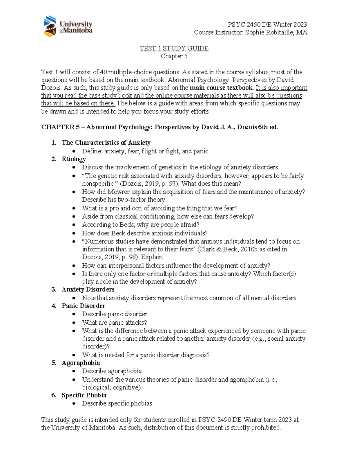 Chapter 5 Test 1 Study Guide - PSYC 2490 DE Winter 2023 Course ...