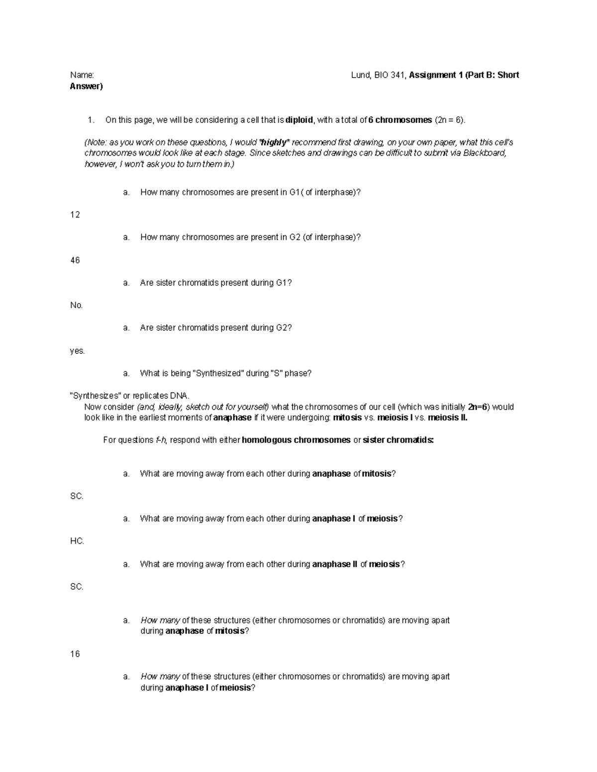 Lund, BIO 341, Assignment 1 (Part B Short Answer) - Name: Answer) Lund ...