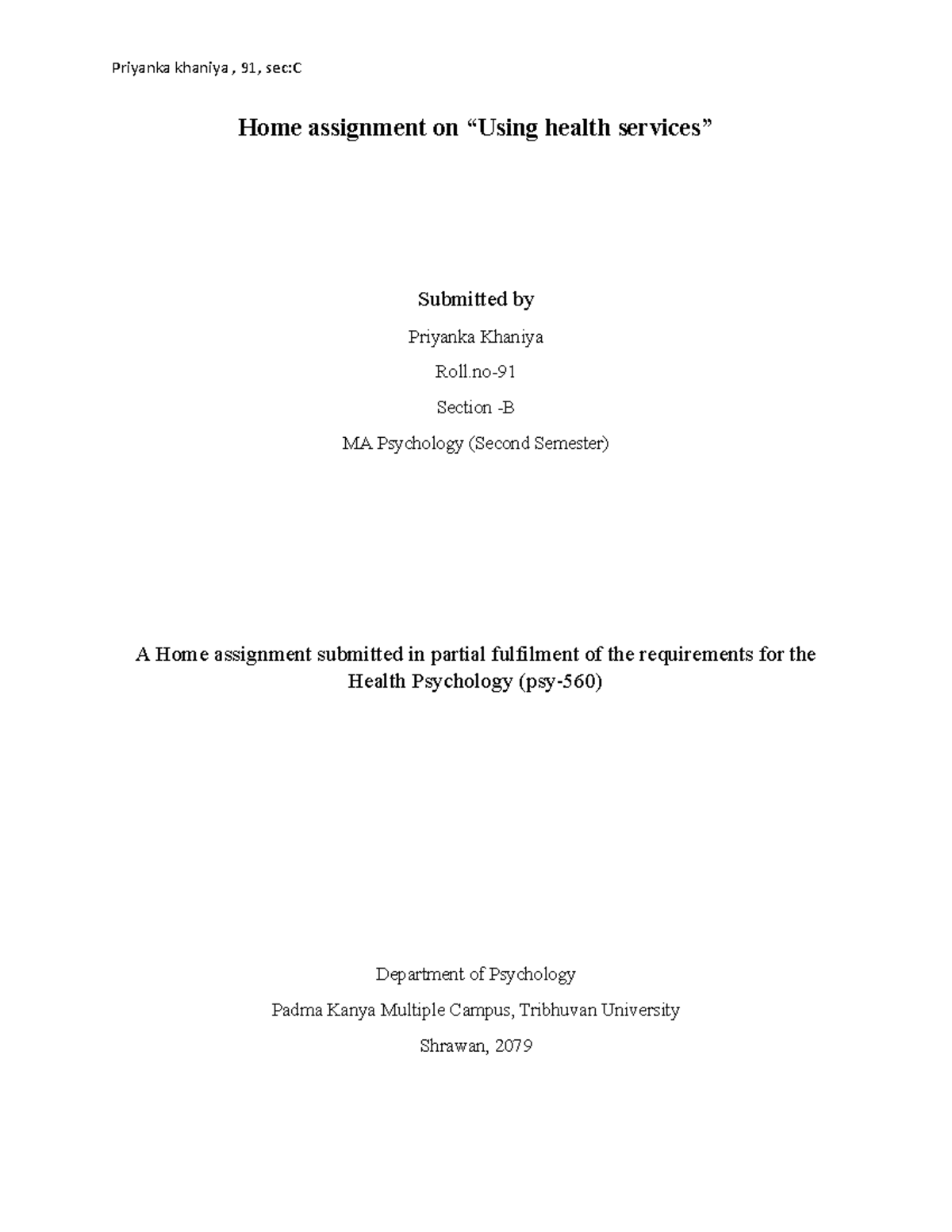 IIusing health services - Home assignment on “Using health services ...