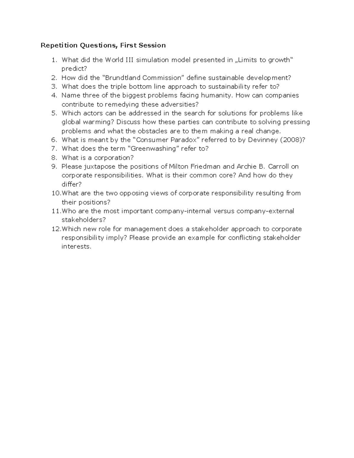 Repetition questions first session Corporate Social Responsibility