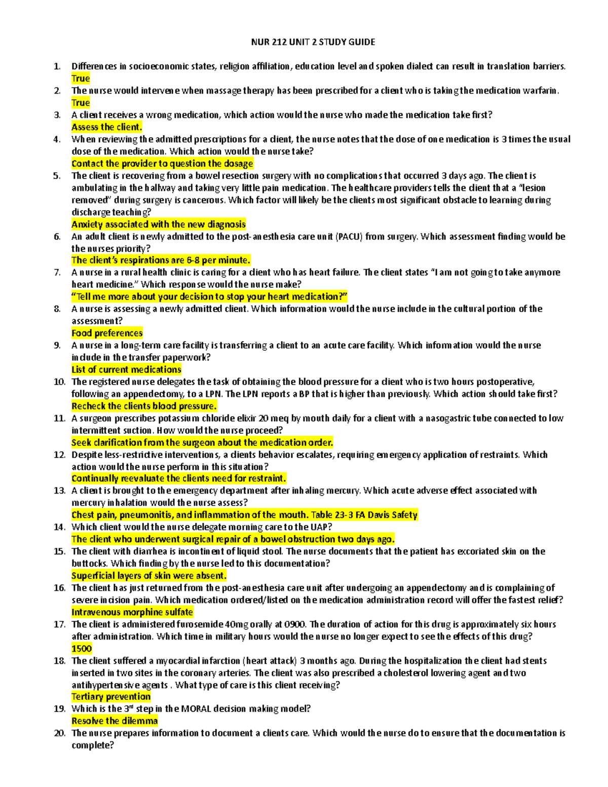 NUR 212 UNIT 2 Study Guide copy 2 - NUR 212 UNIT 2 STUDY GUIDE ...