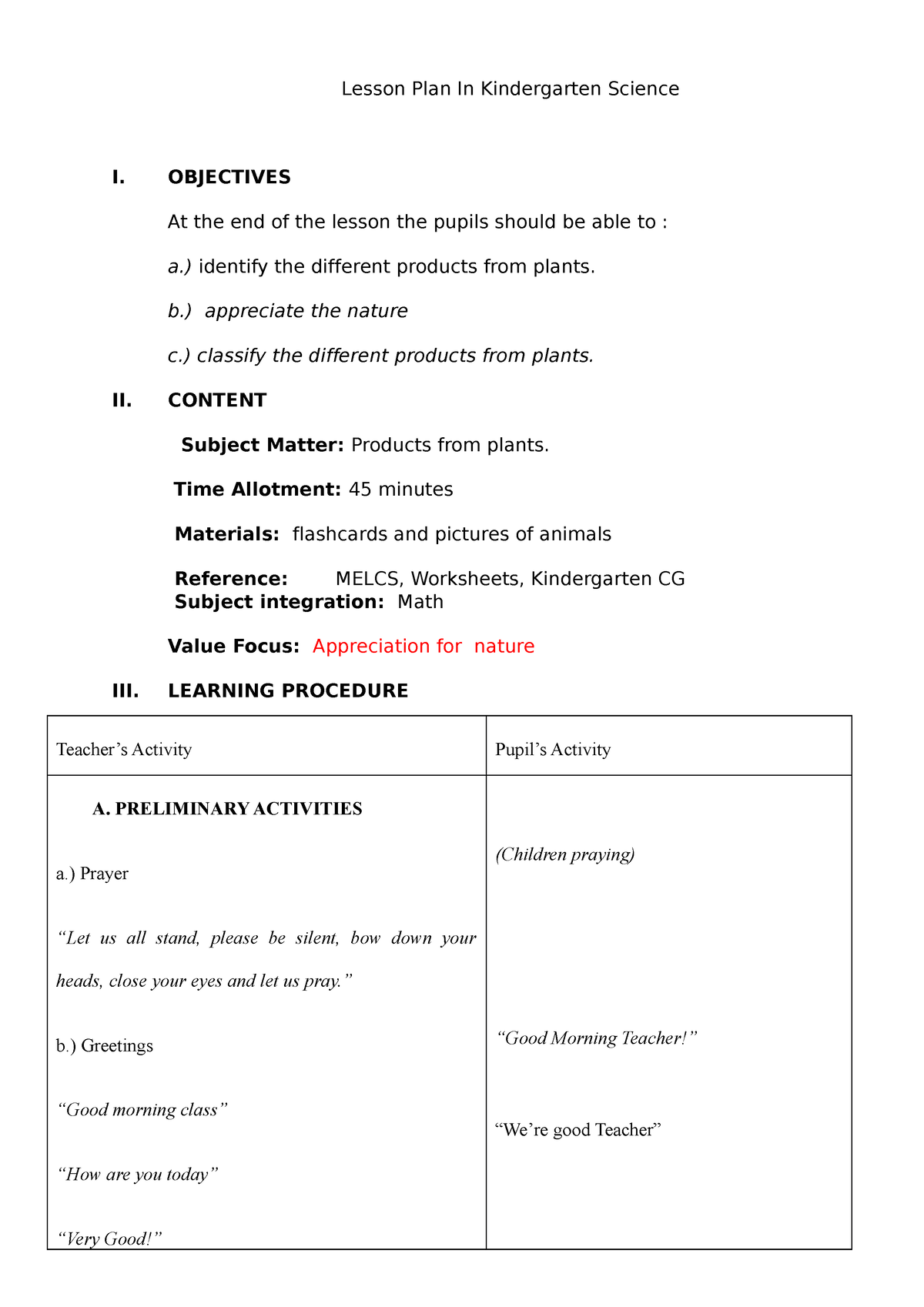 Lesson Plan In Kindergarten Science 1 - OBJECTIVES At the end of the ...