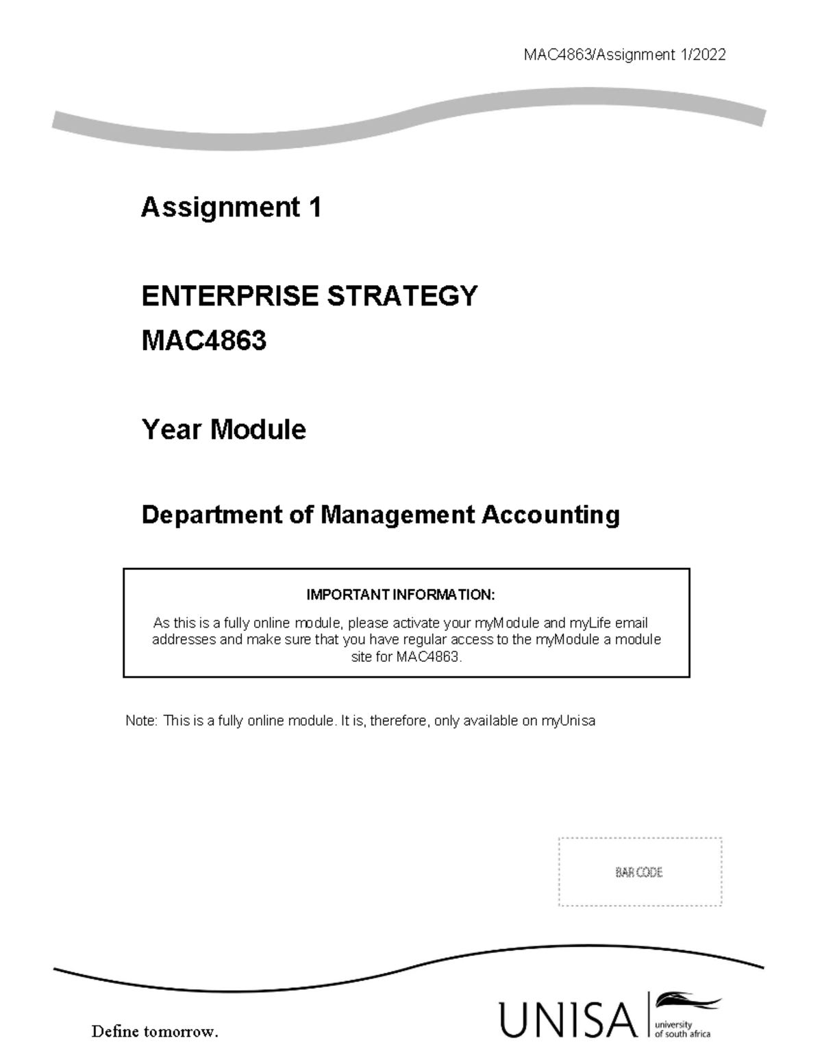 Mac4863 assignment 2 2022 - Define tomorrow. Assignment 1 ENTERPRISE ...